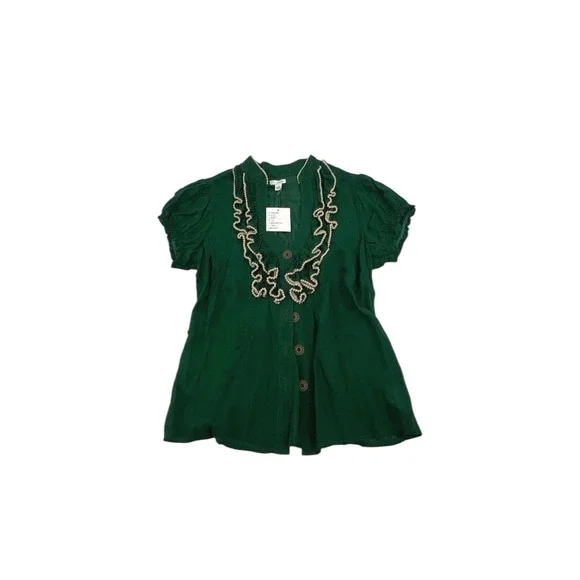 NWT Anthropologie Y2k BOHO VIBE  Odille Green Ruffle Puff Sleeve Rayon Blouse  S - Picture 3 of 6